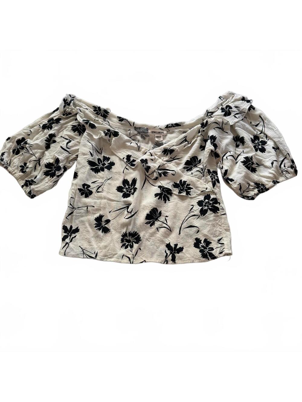 Billabong Floral Off The Shoulder Ruffle Blouse Shirt Top Ivory Black Small